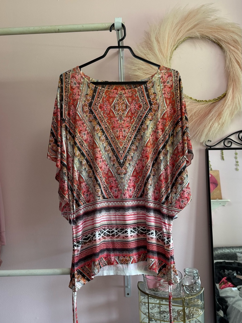 Y2K Red & Orange Boho Earthy Style Print Flowy Sleeve Dolman Top